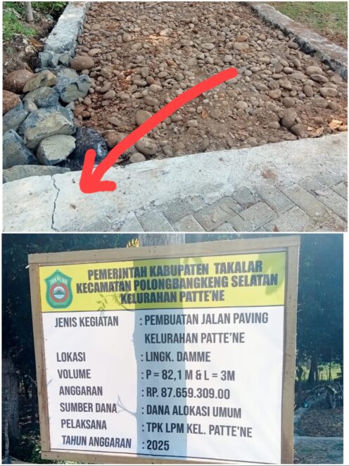 Proyek Paving Blok di Patte’ne Takalar Senilai Rp87 Juta Diduga Tak Bermutu, Transparansi Dipertanyakan