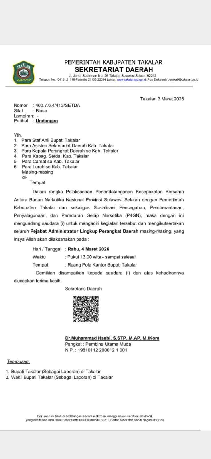 Perkuat Sinergi P4GN, Pemkab Takalar Teken MoU dengan BNN Provinsi Sulawesi Selatan