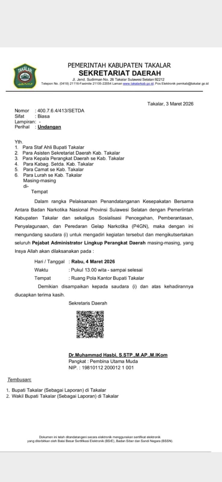 Perkuat Sinergi P4GN, Pemkab Takalar Teken MoU dengan BNN Provinsi Sulawesi Selatan