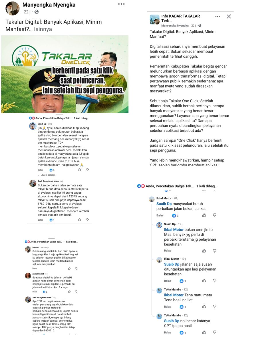 Warganet Cecar Kinerja Bupati Takalar, Kebijakan “Inflasi Aplikasi” Dinilai Minim Manfaat dan Abaikan Infrastruktur